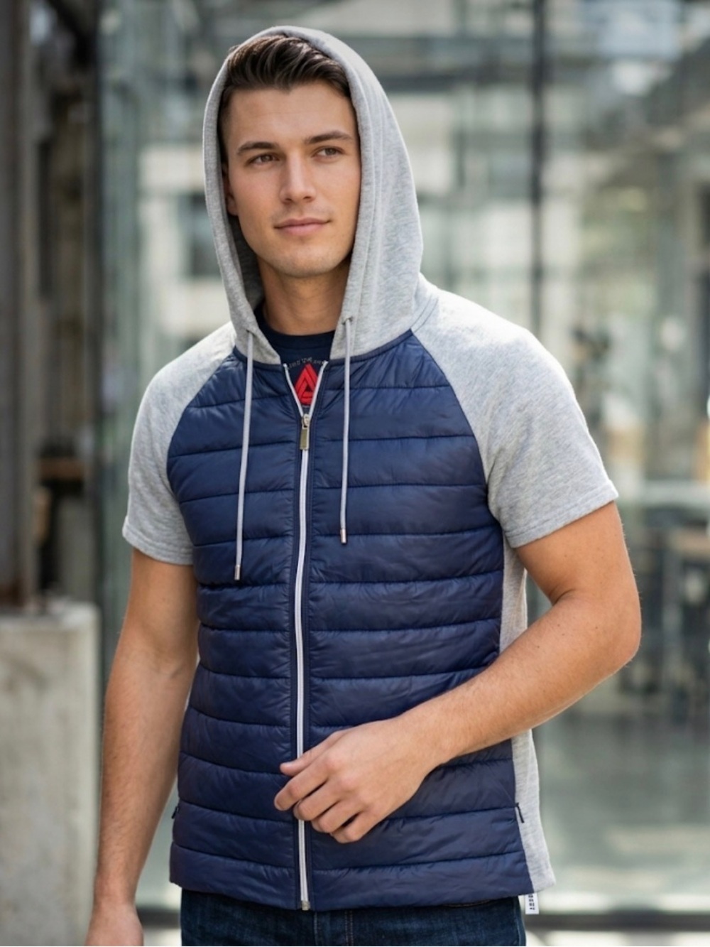 ANORAK Navy Puffer Hoodie with Light Gray Raglan Sleeves